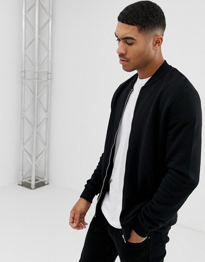 Asos Design Jersey Bomber Jacket In Black - Black