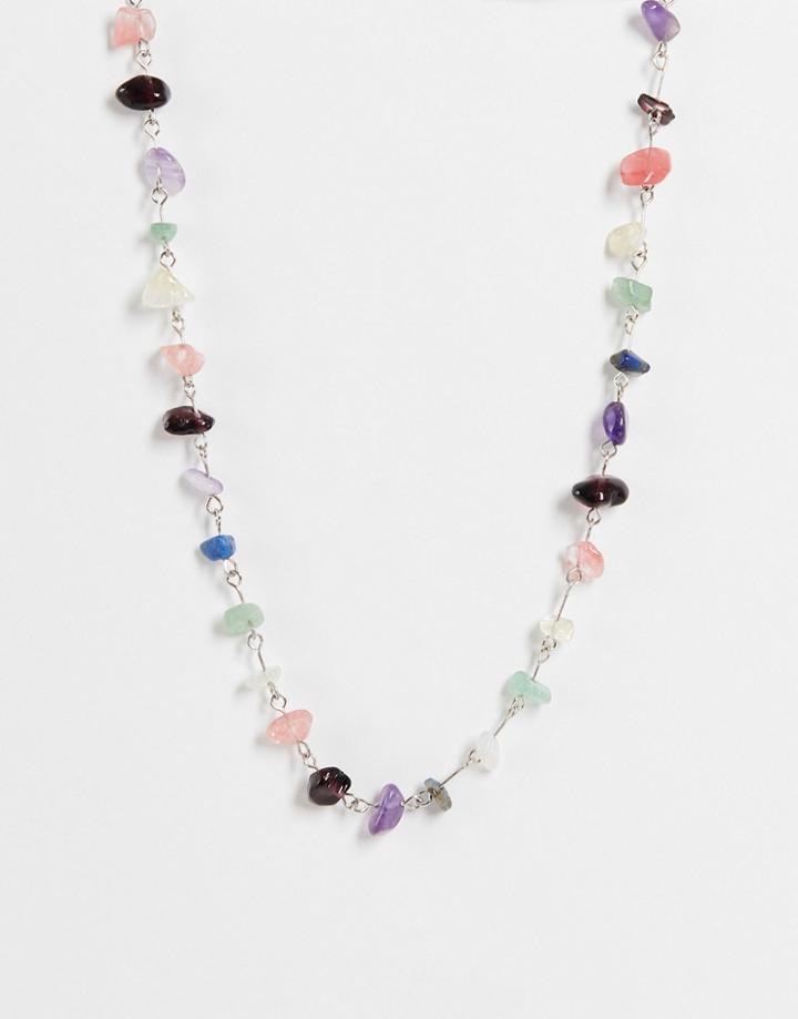 Asos Design Necklace With Semi Precious Stone Chippings In Silver Tone