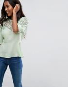 Asos Puff Sleeve Lace Tea Blouse - Green