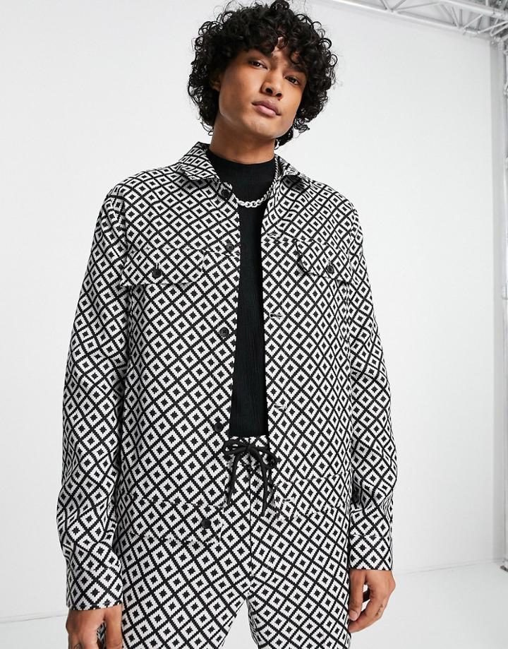 Asos Design Smart Harrington Jacket In White Monochrome Geo - Part Of A Set