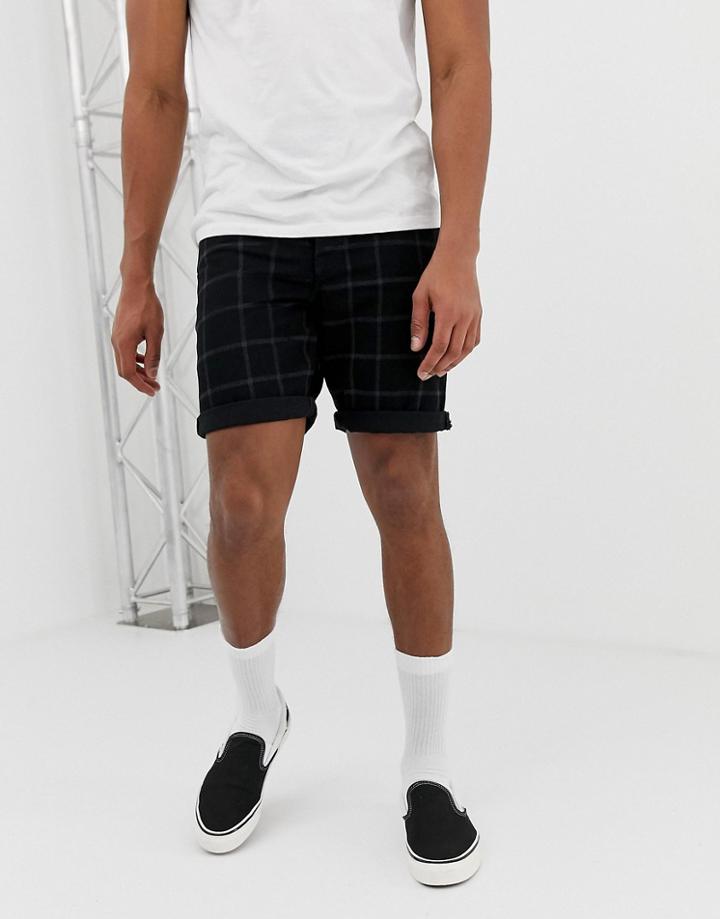 Asos Design Denim Shorts In Slim Black With Check - Black