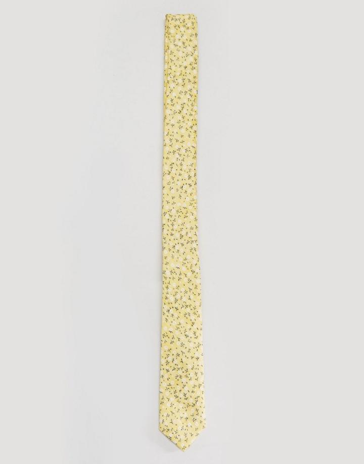 Asos Slim Ditsy Floral Tie In Yellow - Yellow