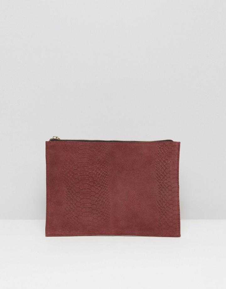 Asos Suede Snake Embossed Zip Top Clutch Bag - Red