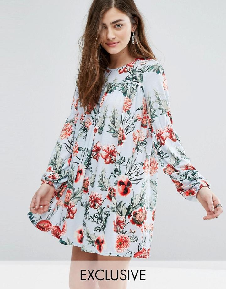 Missguided Floral Print Smock Dress - Blue