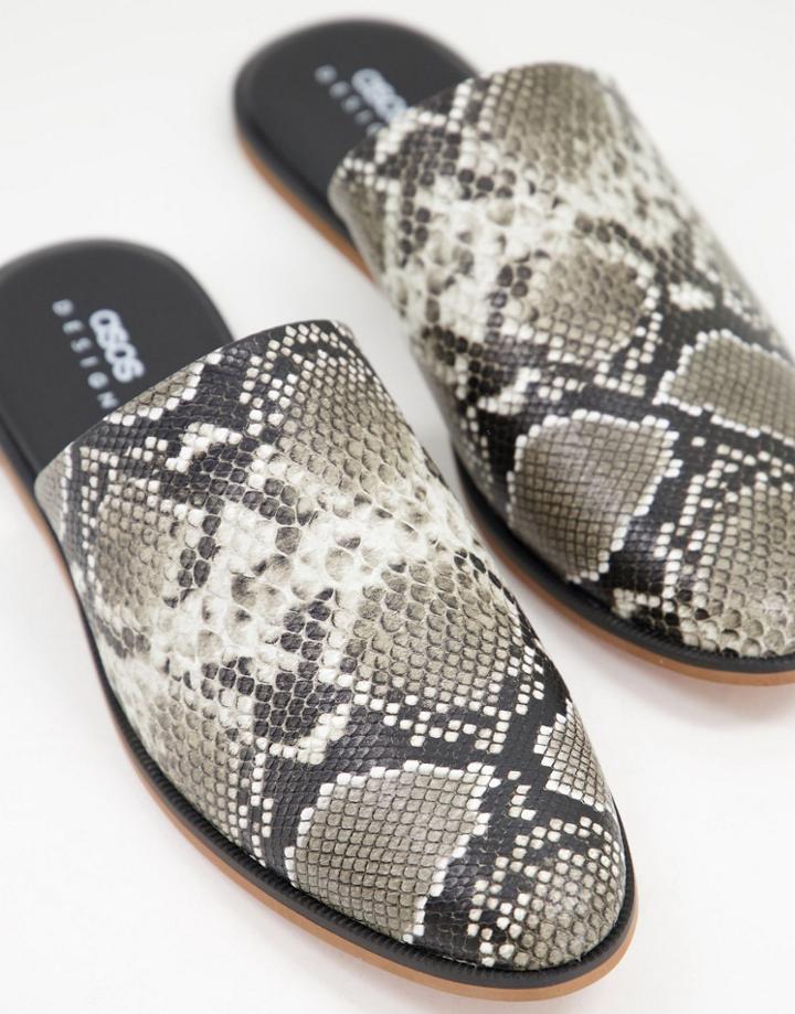 Asos Design Backless Mule Loafer In Snake Faux Leather-grey