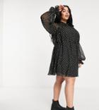 Asos Design Curve High Neck Mini Dress In Jacqaurd Chiffon With Tie Detail-black