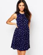 Brave Soul Skater Dress With Tie Up Front In Feather Print - French Navy Combo