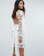 Club L Long Sleeve Crochet Dress With Open Back & Tie Bow - Cream