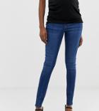 Asos Design Maternity Tall Ridley High Waisted Skinny Jeans In Dark Stone Wash With Raw Hem With Under The Bump Waistban-blue