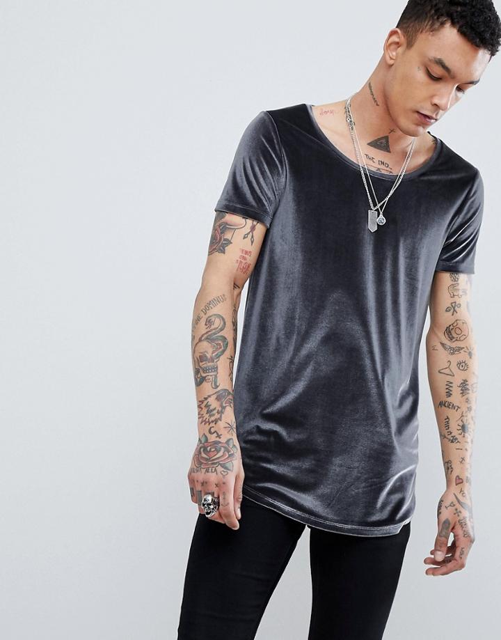 Asos Design Super Longline T-shirt With Curve Hem And Scoop Neck In Velour - Gray