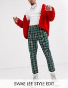 Asos Design Cigarette Pants With Pleats In Green Plaid
