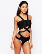 Little Mistress Bandage Cut Out Detail Swimsuit - Black