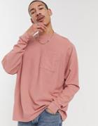 Asos Design Oversized Long Sleeve Waffle T-shirt With Pocket And Seam Detail In Washed Pink