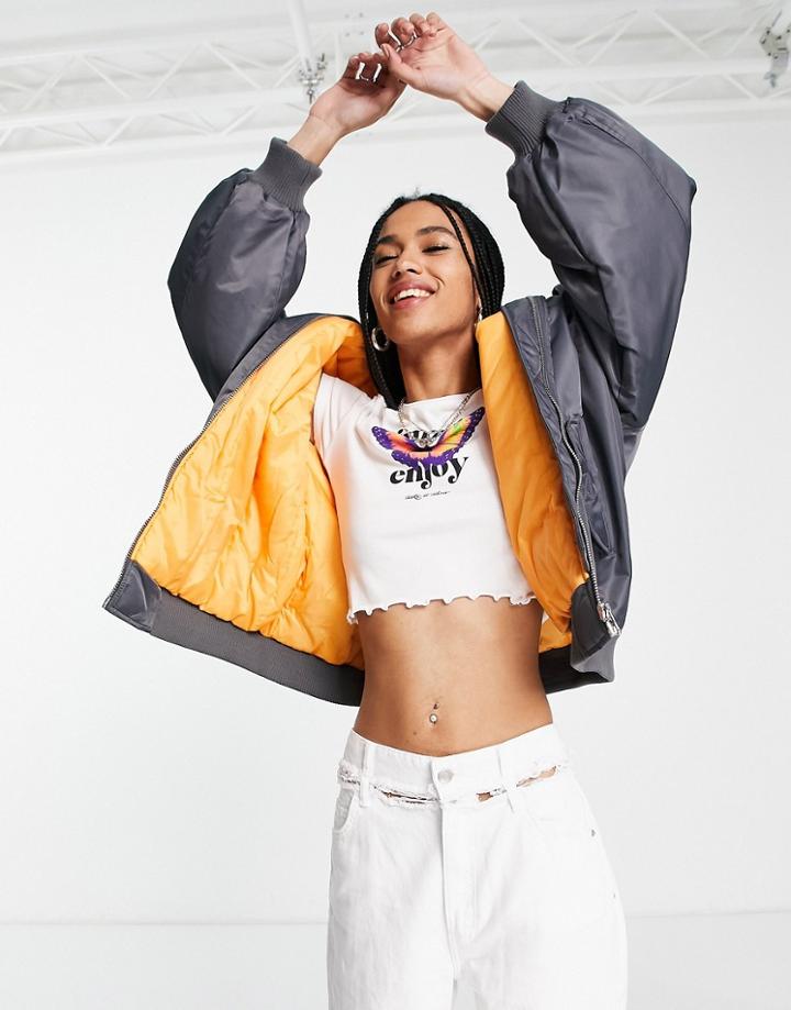 Topshop Oversized Collared Bomber Jacket In Charcoal-gray