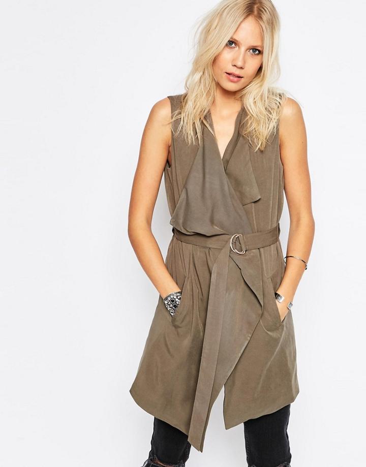 Only Drapey Tie Front Vest - Brown