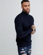 Pull & Bear Textured Roll Neck Sweater In Navy - Navy