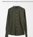 Asos Design Tall Skinny Fit Shirt With Band Collar In Khaki-green