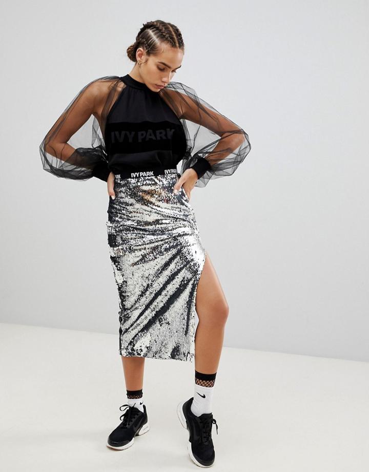 Ivy Park Sequin Pencil Skirt - Silver