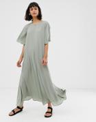 Weekday Oversized Maxi Dress With Flared Sleeve In Sage Green - Green