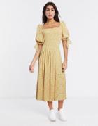 Asos Design Shirred Maxi Dress In Mustard Ditsy Floral Print-multi