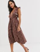 Glamorous Plunge Front Midi Dress With Ruffle Shoulders In Smudge Spot-multi