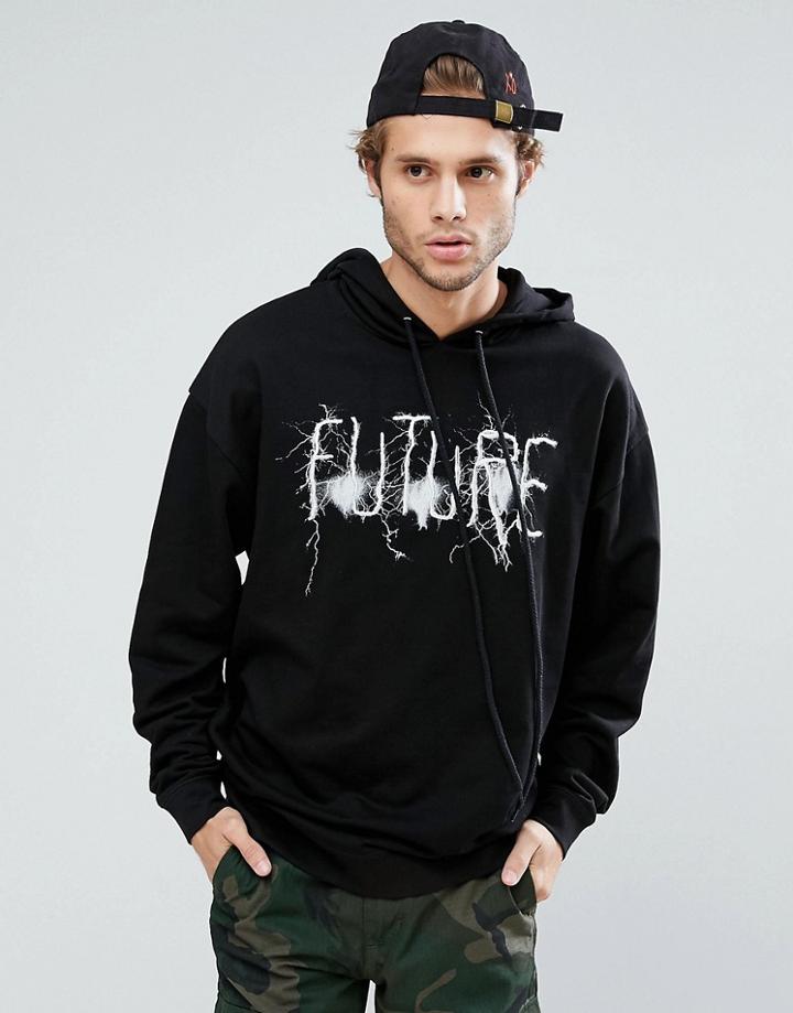 Asos Oversized Longline Hoodie With Logo In Black - Black