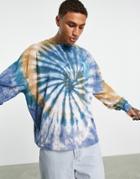 Asos Design Oversized Long Sleeve T-shirt In Blue Tie Dye With Front Print - Brown