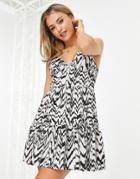 Asos Design Tiered Sundress With Button Waist Detail In Cream And Black Abstract Print-multi