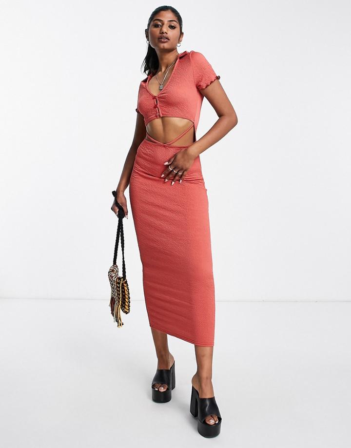 Asos Design Textured Midi Shirt Dress With Cut Out In Rust-orange
