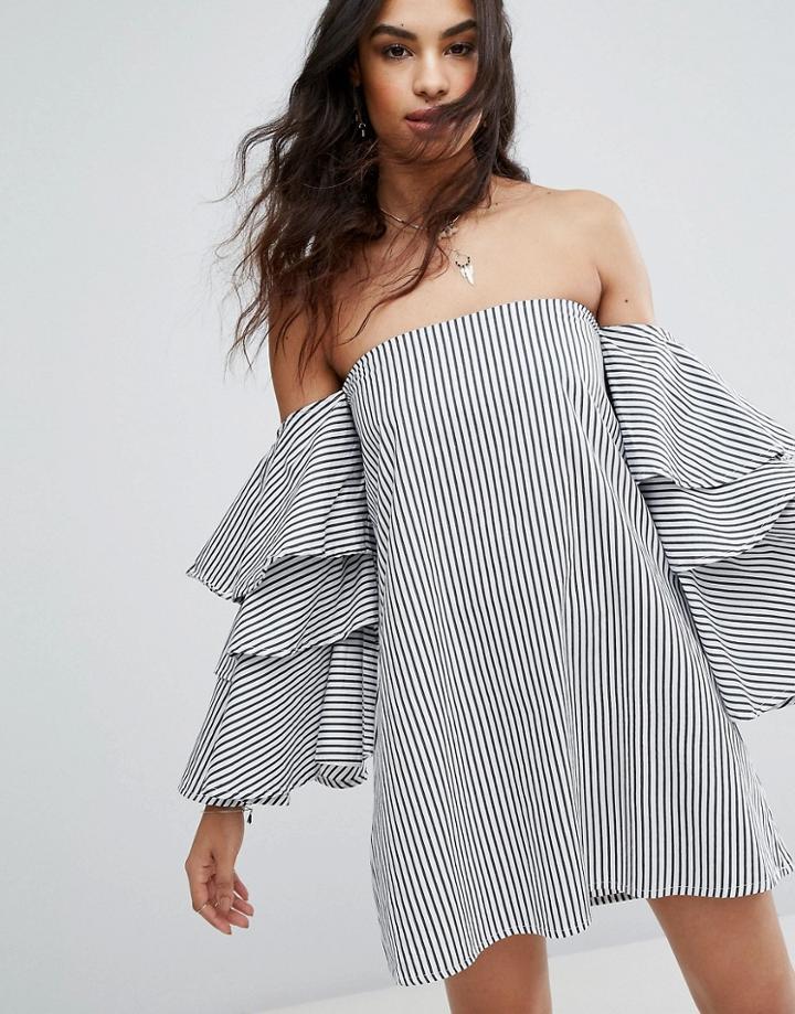 Faithful Premium Bardot Dress In Stripe With Volume Ruffle Sleeves - Navy