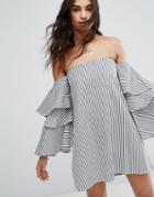 Faithful Premium Bardot Dress In Stripe With Volume Ruffle Sleeves - Navy