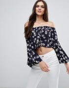 Love Floral Bardot Flutter Top - Navy