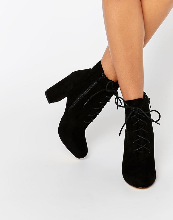 London Rebel Lace Up Block Heeled Ankle Boots - Black