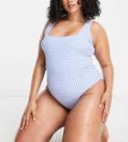 Peek & Beau Curve Exclusive Square Neck Swimsuit In Blue Gingham Texture-blues