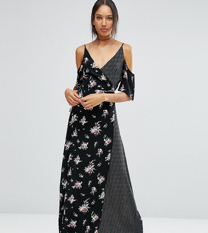 Asos Tall Wrap Front Maxi Dress With Cold Shoulder In Mixed Print - Black