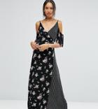 Asos Tall Wrap Front Maxi Dress With Cold Shoulder In Mixed Print - Black