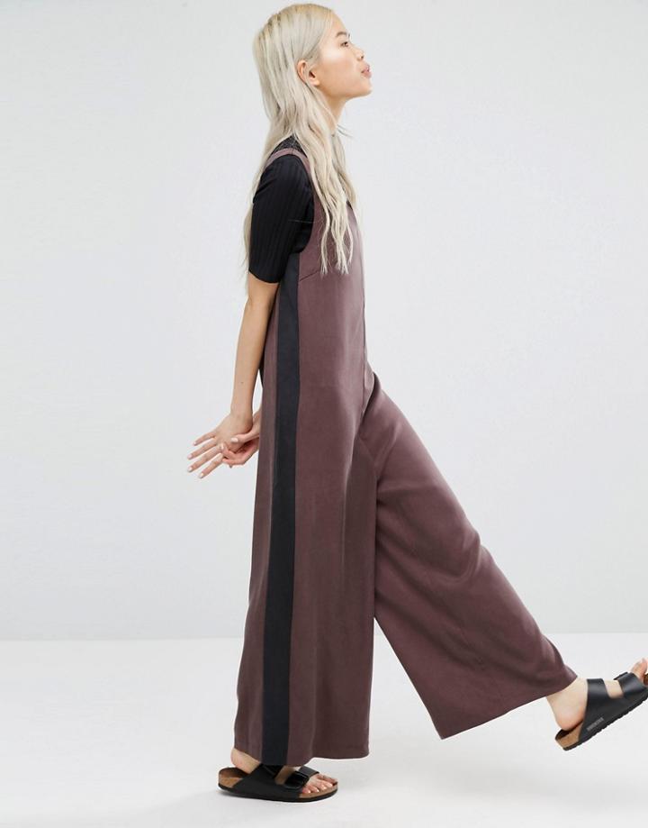 Adpt V Neck Wide Jumpsuit With Contrast Side Panel - Brown