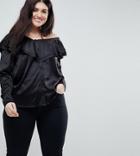 Asos Curve Satin Top With Ruffle One Shoulder - Black