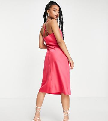 Lola May Petite Satin Cami Midi Dress In Hot Pink
