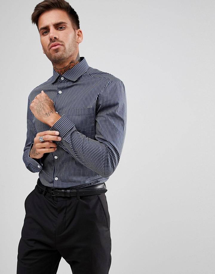 Asos Smart Stretch Slim Stripe Shirt With Cutaway Collar And Double Cuffs - Navy