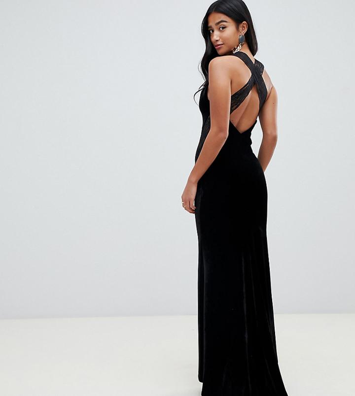 Tfnc Petite Velvet Maxi Dress With Cross Back And Inserted Lace In Black