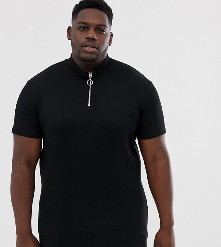 Asos Design Plus Rib T-shirt With Turtle Zip Neck In Black