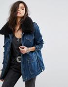 One Teaspoon Longline Denim Jacket With Faux Fur Collar - Blue