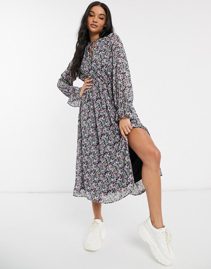 Missguided Tie Front Keyhole Midi Dress In Floral-multi