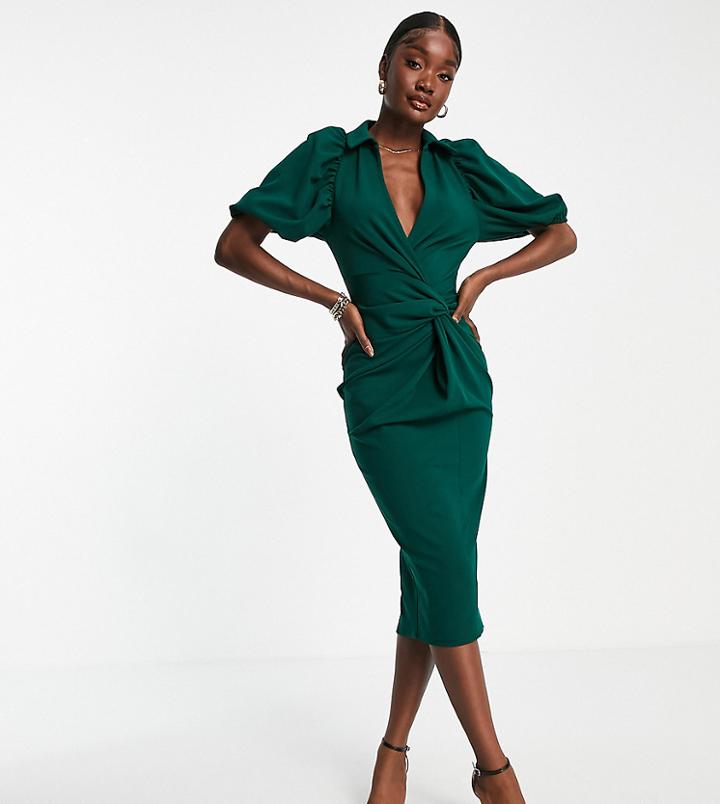 Asos Design Tall Shirt Knot Detail Wrap Midi Dress In Bottle Green