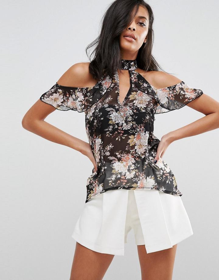Influence High Neck Ruffle Cold Shoulder Top - Multi