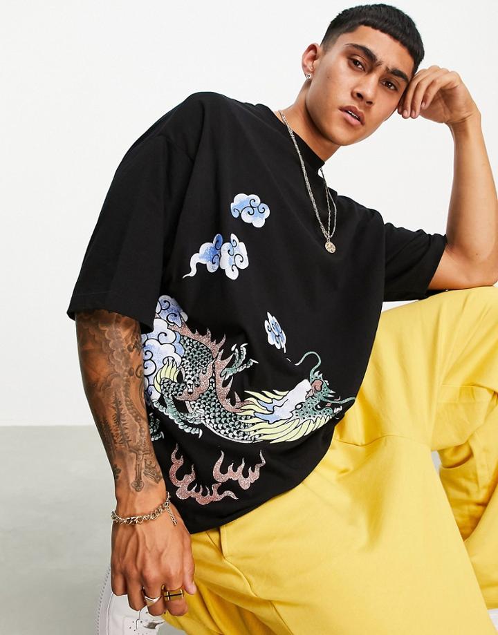 Asos Design Oversized T-shirt In Black With Wrap Around Souvenir Dragon Print