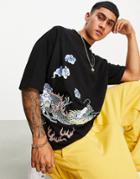 Asos Design Oversized T-shirt In Black With Wrap Around Souvenir Dragon Print
