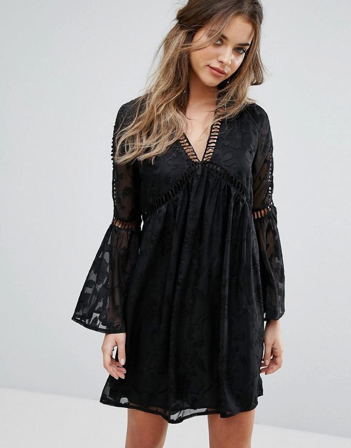 Boohoo Flare Sleeve Lace Boho Mini Dress - Black