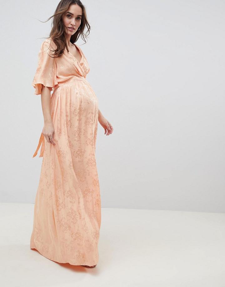 Asos Design Maternity Soft Jacquard Maxi Dress With Flutter Sleeve - Orange